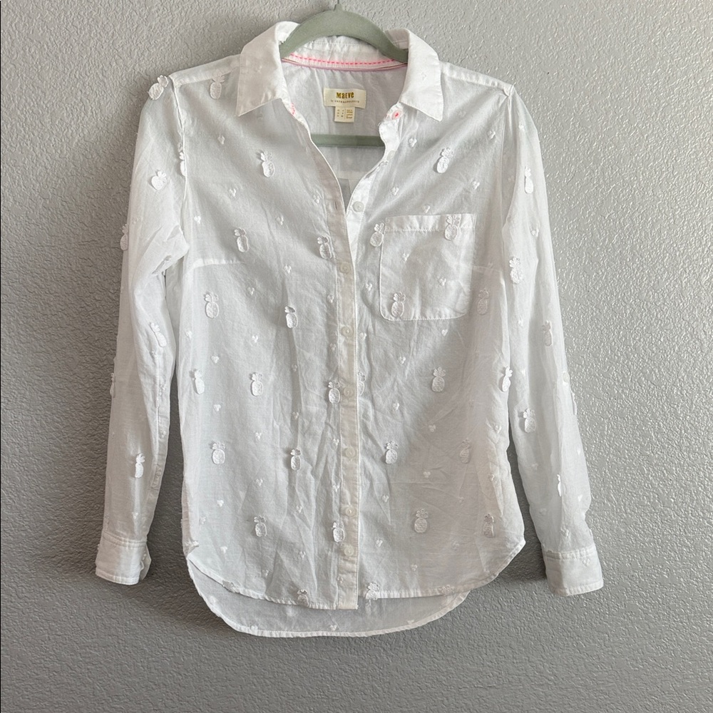 Anthropologie Maeve White Shirt with Pink and Neon Stitching